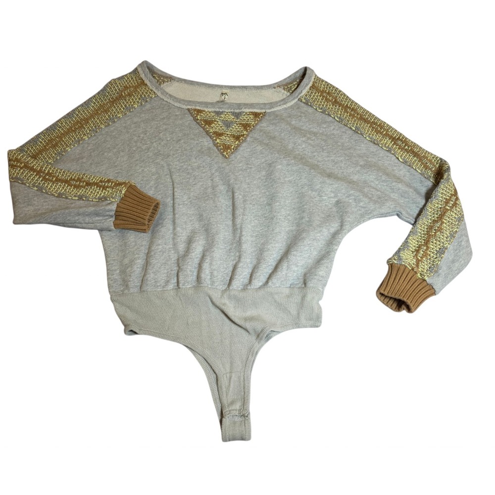 Womens S FREE PEOPLE ~ Boho Ivory VOILE Floral Crochet Lace Bodysuit Sweatshir